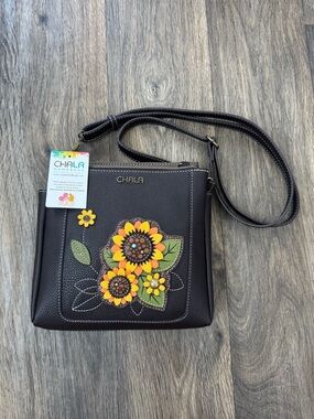 NWT Chala Brown Vegan Leather Crossbody Bag with Yellow Sunflower Appliques